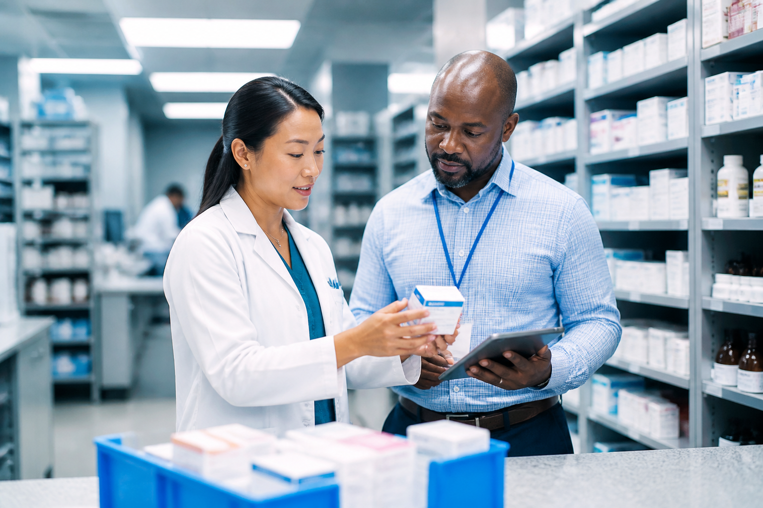 Hospital pharmacist and pharmacy buyer reviewing unit dose medication inventory